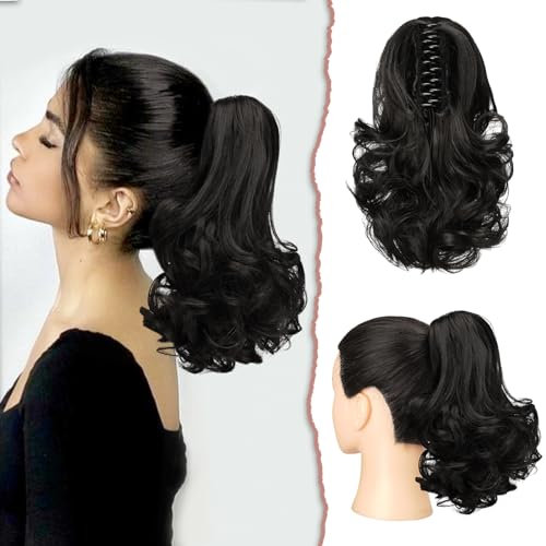 Sofeiyan Pferdeschwanz Verlängerung 28cm Klaue Clip in Pferdeschwanz Haarverlängerungen Kurz Lockig Gewellt Pferdeschwanz Extensions Synthetisches Haarteil für Frauen,Dunkelstes Braun Neigt zu Schwarz