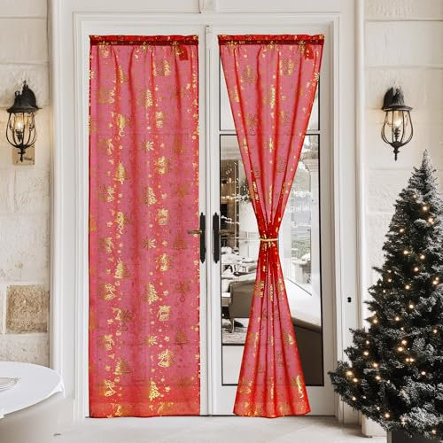 PONY DANCE Tende Natalizie per Porta Finestra Cucina Tende a Vetro con Tasca Decorazione Trasparenti Curtains Rosse 2 Pezzi 60x240 CM