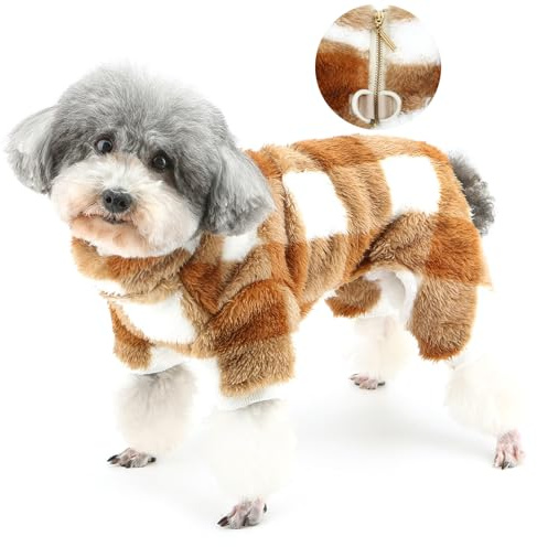 Zunea Fuzzy Dog Sweater Pullover, Fleece-Overall mit D-Ring für kleine Hunde, weich, warm, Welpenkleidung, Schlafanzug, kariert, Winter-Pyjama, Reißverschluss, kaltes Wetter, Größe XS/S,