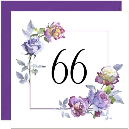 Geburtstagskarte zum 66. Geburtstag mit Blumenmotiv – lila, schöne Blumen, elegante Geburtstagskarte für 66 Jahre, sechzig und sechzig