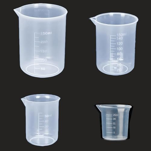 Messbecher Klein, 4 Stück Messbecher Set mit Ausguss, 25ml 50ml 150ml 250ml, kleiner Messbecher für Küche und Backen, praktische Messbecher aus PP, Halbtransparent
