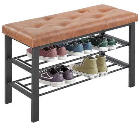 Sweetcrispy Schuhbank, Schuhregal mit 3 Ebenen, Schuhregal mit Sitzbank, 32 x 81x 50 cm, Sitztruhe, Kunstleder & Metallgestell, Schuhaufbewahrung für Wohnzimmer Eingangsbereich Flur, Braun