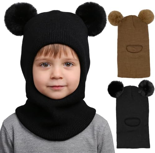GYIOFAI 2 Stück Kinder Wintermütze Warme Schal Schlupfmütze Strickmütze Kapuze Weiche Schalmütze mit Doppelt Bommel Pom Pom Beanie Mütze für Kleinkinder Jungen Mädchen 1-6 Jahre
