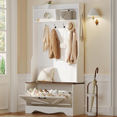DSNAPE Hall Tree with Bench, Entryway Bench with Coat Rack and Shoe Cabinet | Farmhouse Hall Tree with Flip Drawers Shoe Organizer, White and Walnut