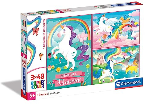 Clementoni 25231 Supercolor Unicorns – Puzzle 3 x 48 Teile ab 5 Jahren, buntes Kinderpuzzle mit besonderer Leuchtkraft & Farbintensität, Geschicklichkeitsspiel für Kinder