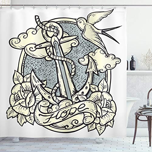 ABAKUHAUS Antiquität Duschvorhang, Anker und Roses Wolken, Stoffliches Gewebe Badezimmerdekorationsset mit Haken, 175 x 180 cm, Naturfarben Grau