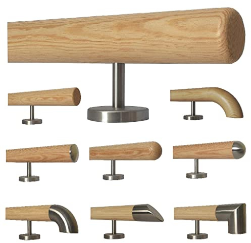 TIBU Kiefer Holz Handlauf Geländer 0,3m - 5m, Länge 390 cm, Ende Radius gefräst und 5 gerade Halter