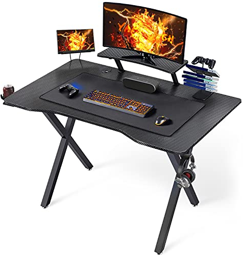Yaheetech Bureau Gaming 110x70cm Table Informatique Noir Table d'ordinateur PC Domicile avec Support de Moniteur, Porte-gobelet, Support de Poignée Crochet pour Casque Grand Tapis de Souris
