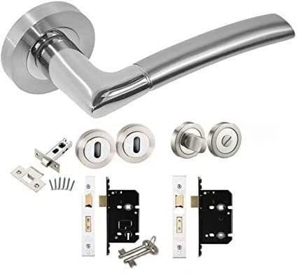 EUROART Lorenzo Internal Door Handle Sets - Latch Lock Bathroom Polished Chrome/Satin Nickel (Latch Pack)