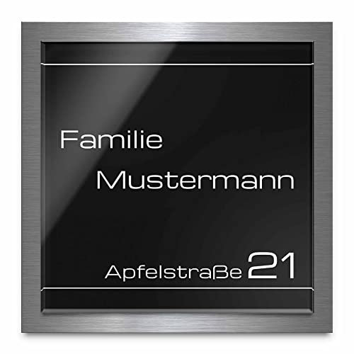 Premium Türschild aus Hochglanz Acrylglas und V2A Edelstahl | Namensschilder mit Gravur und Motiven Familienschild Türschilder für die Haustür mit Namen selbstklebend oder mit Bolzen 16x16 cm