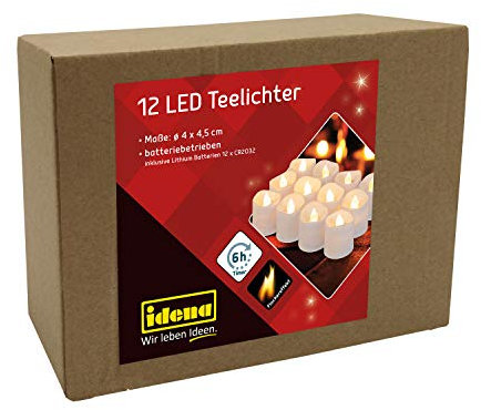 Idena 30469 - LED Teelichter, 12 Stück, elektrische Kerzen mit flackerndem Licht, inklusive Batterien, 6 Stunden Timer Funktion, Höhe ca. 4,5 cm, Deko für Hochzeit, Party, als Stimmungslicht