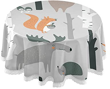 PUXUQU Wald niedlichen Fuchs Bär Elch Igel Pilze Bäume Tischdecke für Garten, Home Kitchen Picknick Party, 150 cm rund