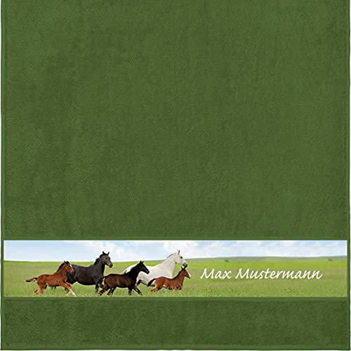 Manutextur Duschtuch mit Namen - personalisiert - Motiv Pferd 2 - viele Farben & Tiermotiven - Dusch-Handtuch - dunkelgrün - Größe 70x140 cm - persönliches Geschenk mit Wunsch-Motiv und Wunsch-Name