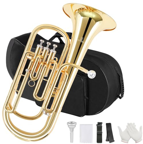 ROWELL Professional Baritone Horn 3 Valves Baritone Horn -Yellow Brass Body with Gold Lacquer Finish Stainless Steel Pistons– Bb Brass Instrument for Concert Bands & Advanced Players