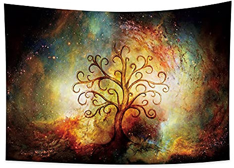 YONGFOTO 150x100cm Baum Des Lebens Wandteppich, Nebel Sterne Bunter Himmel Wandteppich Gebogene Zweige Mystische Fichte Wandbehang Wandteppiche für Wohnzimmer Wohnheim Dekor Sofa Teppich Decke