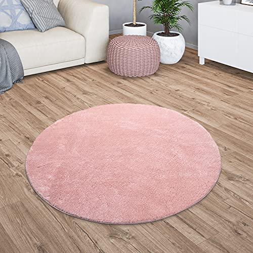 TT Home Wohnzimmer Teppich Kurzflor Anti-Rutsch Rückseite Unifarben Modern Waschbar, Farbe: Rose, Größe:120 cm Rund