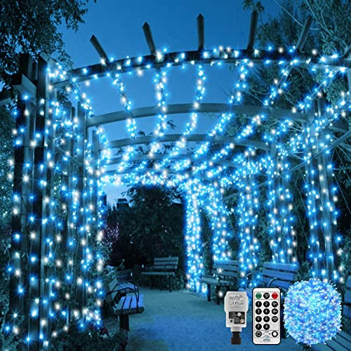 CORST 100m 600LED Long Outdoor Tree Lights Plug in Outside Indoor Fairy Lights Garden Light Mains Powered Waterproof with Remote,Timer 8Mode for Gazebo Home Decor(Blue+White)