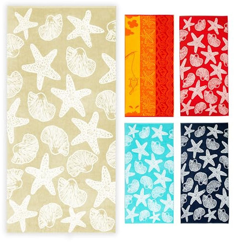 ZOLLNER Strandtuch - Flauschiges und saugstarkes Badetuch in 90x180 cm - waschbar bis 60°C - Baumwolle - maritimes Muster mit Seesternen und Muscheln in beige - Oeko Tex® Zertifiziert