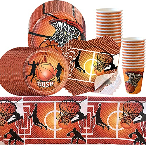 XYJJ Basketball Party Geschirr Set, 43 Stück, Orange, mit Papptellern, Pappbechern, Servietten, Tischdecke und Basketball Geburtstag Banner für Sport-Themen-Partys und Geburtstage