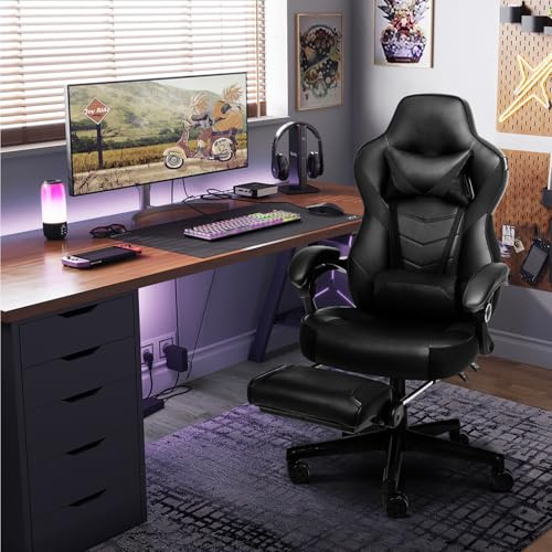 YOURLITE Chaise Gaming avec Repose-Pieds,Siege Gaming Massant,Noir | Fauteuil de Gaming Ergonomique,PU Cuir,Appui-tête et Support Lombaire,Dossier Inclinable 90°-135°,Hauteur Ajustable,150 kg