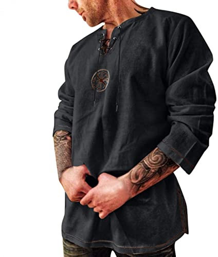 Celucke Herren Mittelalter Leinenhemd Sommer Herbst Hemden Langarm Retro-Kragen mit Schnürung, Männer Freizeithemd Casual Leinen Yoga Shirt Fisherman Sommerhemd(Schwarz,3XL)