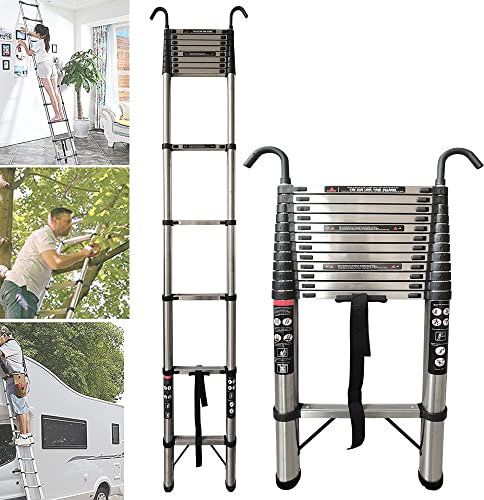 Telescopic Ladder 5M/16.4FT Multi-Purpose Folding with Detachable Hooks, Stainless Steel Ladders 12 Adjustable Steps Extension Ladder, Extendable Resistant Foldable Ladder with EN131, Max Load 150kg
