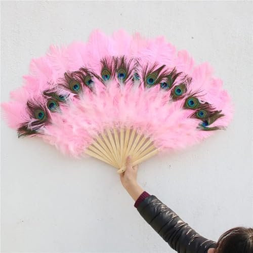 15 Bones Beautiful Big Fluffy Pink Ostrich Feather Fan Party Dance Performance Handheld Plumes Fan-1pcs