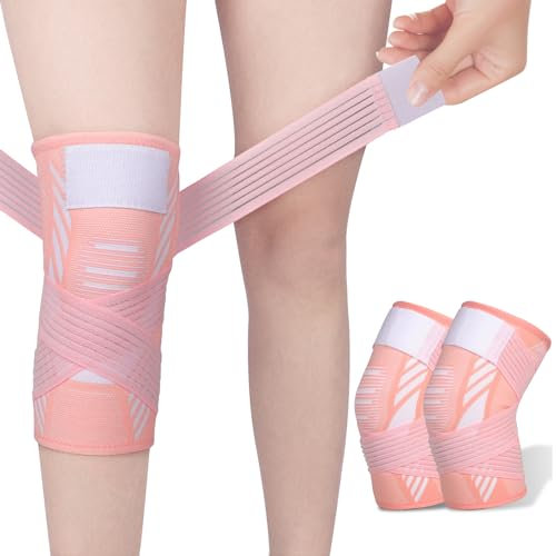 yeloumiss Knee Support Brace 2 Pack Compression Knee Sleeve with Straps for Women Men for Sports, Arthritis, Joint Pain, Ligament Injury, Meniscus Tear, ACL, MCL, Tendonitis (Pink, L)