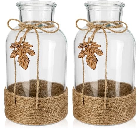 Briful 20cm Tall Glass Flower Vases Wrapped with Jute Rope, 2 PCS Transparent Large Glass Vase with Realistic Maple Leaf Crystal Vase for Flowers Bud Vase for Table Decoration