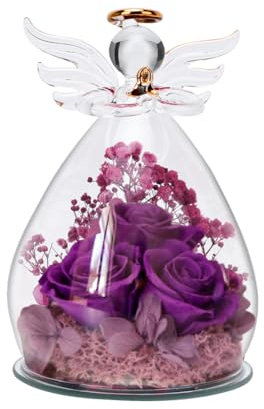 VOHESEA Rose éternelle violette dans dôme en verre - Grande rose éternelle avec figurine d'ange, figurine d'ange en verre faite à la main, fleur éternelle, cadeau d'anniversaire, femme, maman,