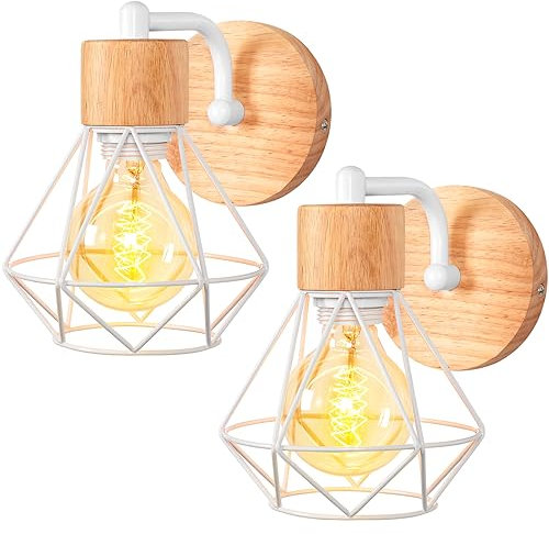 TOKIUS Lampada da Parete Interna Industriale Applique da parete Gabbia Interno E27 Metallo Lampadari e Plafoniere Cucina regolabile 180° Per Cucina Camera da letto (Bianco-A-Legno, 2 pezzi)