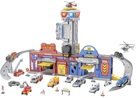 Grande stazione di Emergenza con Suoni e Luci - Pompieri e Polizia - Suoni e Luci - Megafono - 2 Modellini auto die-cast incluse - Dimensioni 75 x H 39 x 30 cm - Globo Giocattoli - WToy 42189