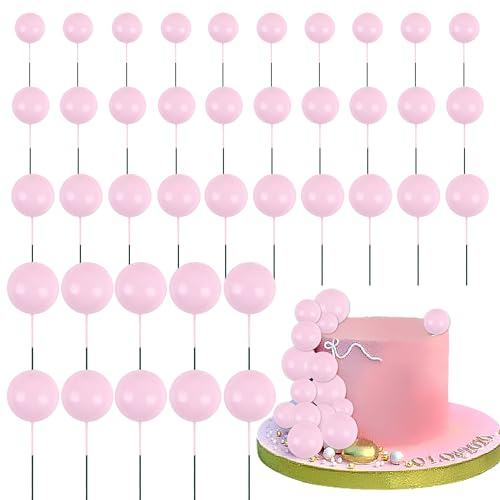 Blumomon 40Pcs Pink Balls Cake Topper DIY Cake Insert Toppers Ball Cake Picks Cupcake Topper for Birthday Party Baby Shower Wedding Cake Decoration