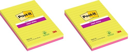 Post it Notes 127 x 203 mm Super Sticky Note Pad, Lined, Pink, Green (2 Pads, 45 Sheets per pad) (Pack of 2)
