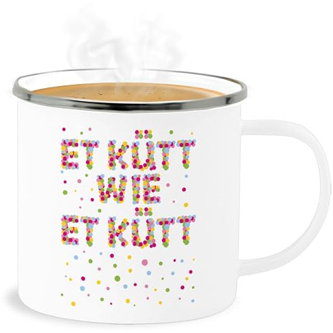 Emaille Becher Blechbecher - Karneval & Fasching - Tassen - Et kütt wie et kütt Konfetti I Köln I Kölsches Grundgesetz I Echte Kölner - 300 ml - Weiß Silber - fasching- koeln tasse carnevale