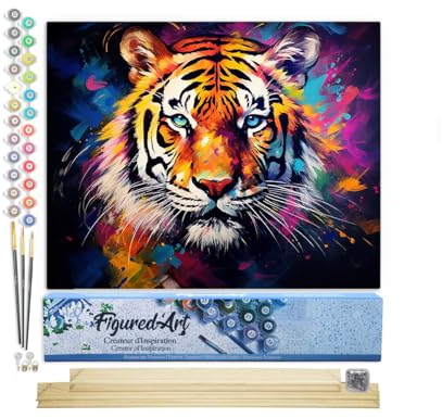 Figured'Art Peinture par Numéro Adulte avec Cadre Tigre Coloré Abstrait - Activité Manuelle Kit de Loisir Créatif DIY Numéro d'Art Complet Animaux - 40x50cm avec châssis en bois à monter