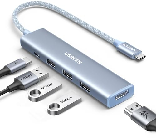 UGREEN Hub USB C HDMI 4K 5 En 1 Adaptador Tipo C 5Gbps Compatible con MacBook Pro Air M3 M2 M1, iPad, iPhone 16 Plus MAX, Galaxy S24 Plus Ultra, Surface (Azul)