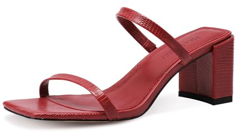 MIRAAZZURRA Sandalen mit zwei Riemen, quadratisch, offener Zehenbereich, Blockabsatz, Schlupfschuh, für Damen, Party, Hochzeit, Kleid, Rot/Ausflug, einfarbig (Getaway Solids), 43 EU