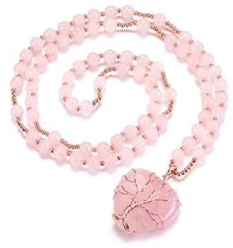 GEHECRST Edelstein Damen Halskette Gold Lebensbaum Wire Wrap Herz Anhänger mit Kette Liebe Amulett Segen Schmuck Heilung Halskette (Rosenquarz)