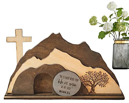 Monozoz Osterkrippe Holz Osterszene Holz Dekorations Set, Handgefertigte Jesus Krippe, Kreuz Leeres Grab Statuen Set, Leichte Jesus-Statue Ostern Home Interior Dekorationen