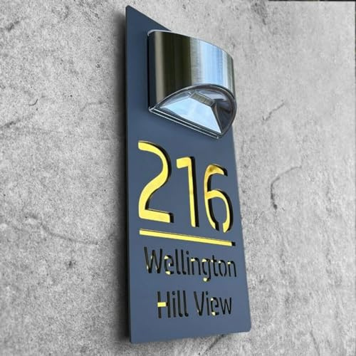 Letrero de puerta personalizado con luz LED solar moderno, placa de dirección 3D cortada con láser, placa exterior (negro y dorado)