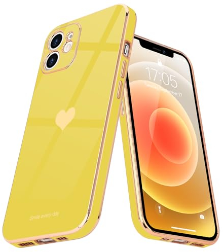 Teageo for iPhone 12 Case Cute Heart Pattern for Women Girls Slim Luxury Bling Plating Soft TPU Anti-Scratch Shockproof Bumper Phone Case for iPhone 12, Yellow