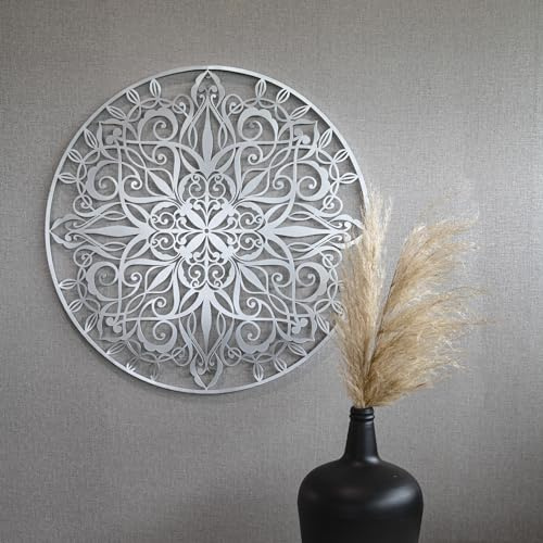 Luxus Metal Art Wanddeko Mandala Silber Rund 80cm | 80 x 80
