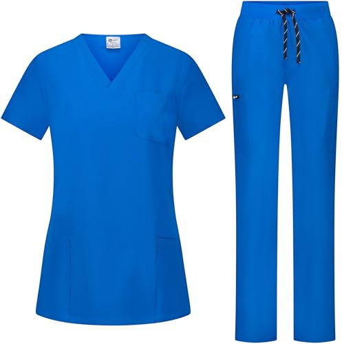 B-well Bella Damen-Schrubb-Set Schlupfkasack + Schlupfhose Set Medizin Arzt Uniform Schlupfjacke Oberteil mit Hose Medizinische Berufsbekleidung mit Elastan (Königsblau, L)