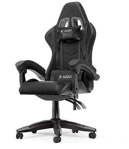 bigzzia Silla Gaming,Silla Ergonómica para Videojuegos, Oficina y Estudio, Silla Gaming con Cojín Lumbar y Reposacabezas, Regulable en Altura (Sin Reposapiés, Negro)