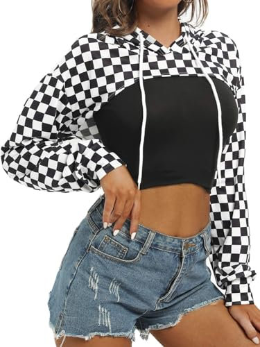 BEJONS Langärmeliges bauchfreies Oberteil für Damen, Hoodies, Sweatshirt, ästhetisch, Punk, Hip-Hop, Tanz, sexy Rave-Tuch, Schwarzes weißes Karomuster, Groß