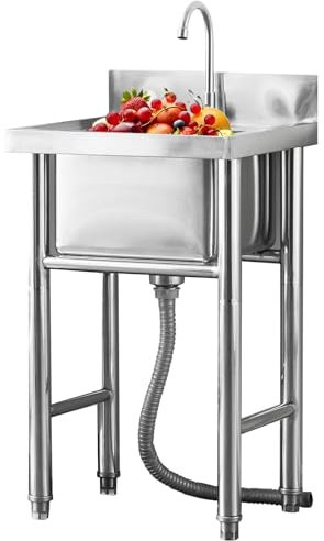 Edelstahl Spültisch Spülbecken mit Wasserhahn, Freistehende Gastro Spüle mit Abflussrohr, Freistehend Outdoor-Waschbecken Verstellbare Füße für Außen, Innen, Küche, Restaurant