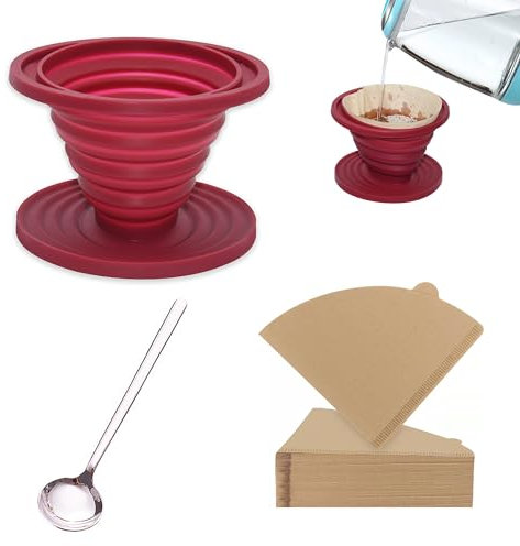 Faltbarer Kaffee Tropfer - Tragbarer Silikon Kaffeefilter für Camping Mit 50 Kegel Papierfiltern und Kaffeeschaufel für Zuhause, Büro, Café, Reisen (Rot)