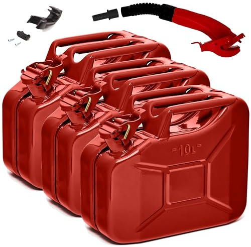 BW® Benzinkanister Metall 3x 10 Liter mit Ausgießer - Kraftstoffkanister Rot - RAL 3000 - TÜV-geprüft und UN-Zulassung - 0,9mm Stahl nach DIN 7274 - Made in Europe