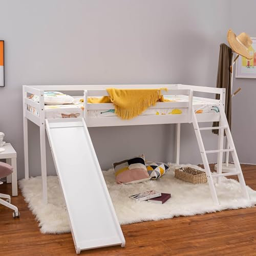 Panana High Sleeper Cabin Bunk Bed With Ladder, Yorkshire Midsleeper loft bed Solid Pine Wood Frame, Kids Children, Single 3 Foot (White, with slide and ladder)